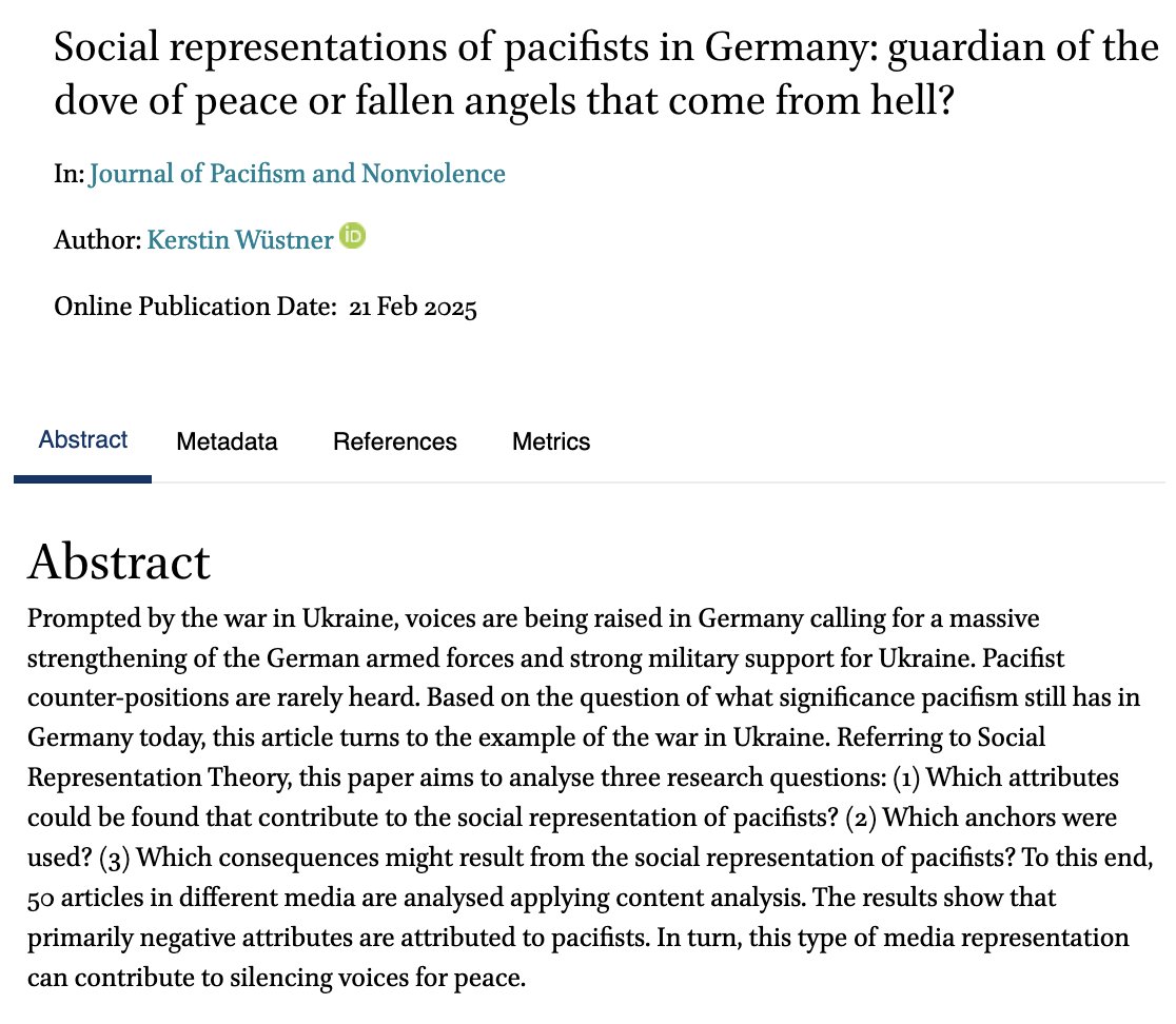 jpacnv's tweet image. 📰Kerstin Wüstner analyses social representations of pacifists in #Germany since #Ukraine war, unpacking the different negative attributes assigned to them doi.org/10.1163/277278…