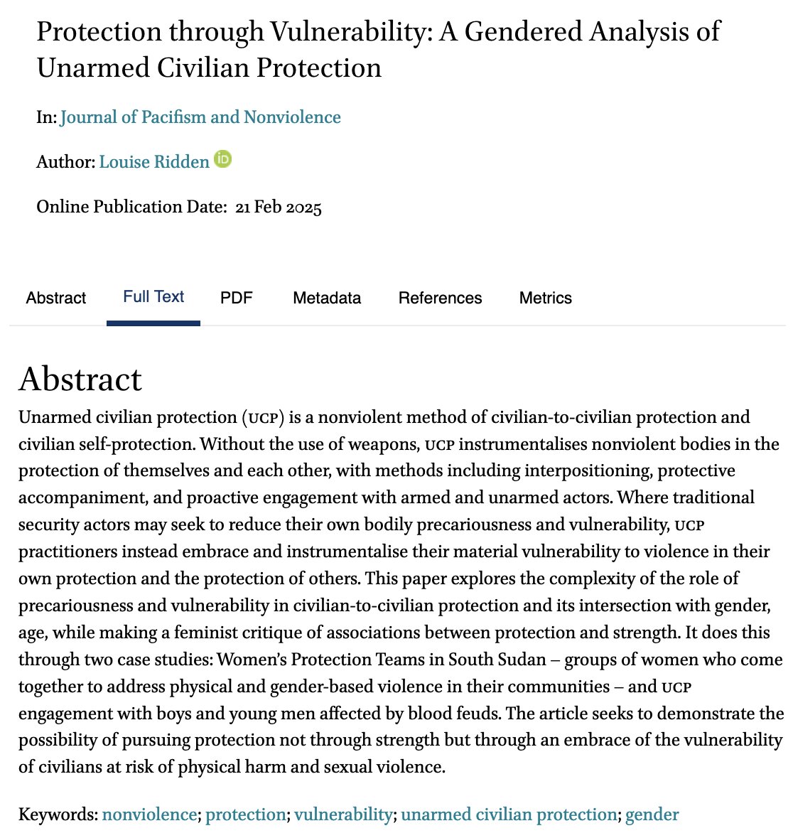 jpacnv's tweet image. 📰Louise Ridden explores role of #precariousness & #vulnerability in civilian-to-civilian protection & its intersection with gender & age. Includes #feminist critique & 2 case studies. #UCP doi.org/10.1163/277278…