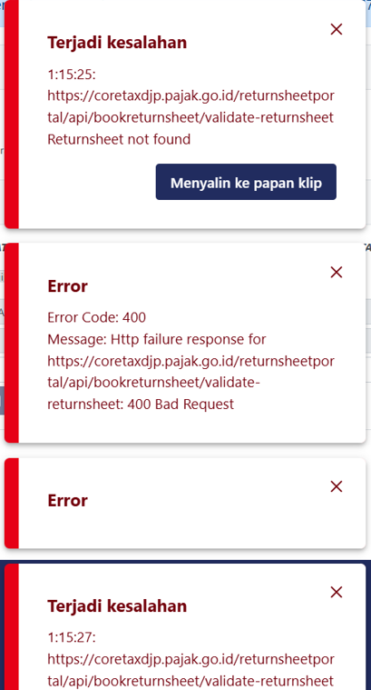 silviecjp's tweet photo. @kring_pajak Mohon bantuannya Pak/Bu, saat saya klik Bayar dan Lapor pada SPT PPN Coretax, muncul notifikasi error terlampir. "Code Error : 400", Exception has been thrown by the target of an invocation". 
Sudah 2 hari ini seperti ini. Terima kasih. https://t.co/uTfNkhwJsM