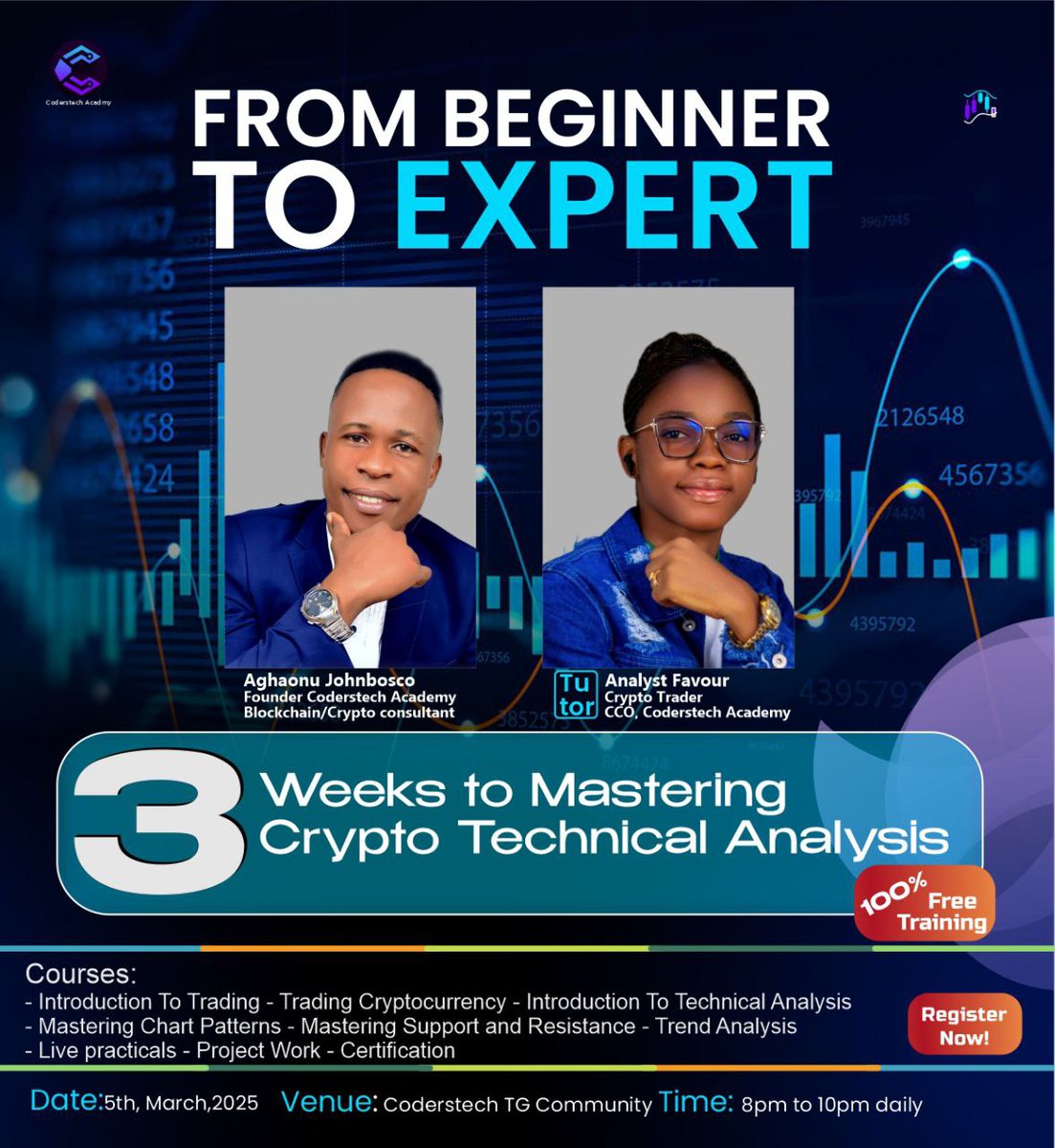 AnalystFavvy's tweet photo. 🥳🎉🎃Supper Exciting Announcement 🎉

💻📈 Unlock the Secrets of Crypto Trading: From Beginner to Expert in Just 3 Weeks

Are you ready to take your crypto trading skills to the next level? Join us for an intensive, 3-week training that will take you from a beginner to an expert in Crypto Technical Analysis. Whether you're just starting out or looking to sharpen your skills, this training is designed to equip you with the knowledge and tools to succeed in the fast-paced world of cryptocurrency trading.

Training Overview💻

In this comprehensive course, you will learn everything you need to know about crypto trading and technical analysis, including:

- Introduction to Trading: A solid foundation in the basics of trading, so you can understand the crypto market dynamics.
- Trading Cryptocurrency: How to navigate the cryptocurrency market and make informed trading decisions.
- Introduction to Technical Analysis: Learn the essential concepts of technical analysis to analyze market trends and make better trades.
- Mastering Chart Patterns: Dive deep into chart patterns to help you predict price movements and identify profitable trading opportunities.
- Mastering Support and Resistance: Understand the key concepts of support and resistance levels and how they can guide your trading decisions.
- Trend Analysis: Learn how to identify and trade trends, one of the most powerful tools in technical analysis.
- Live Practicals: Put your skills to the test with live trading sessions and practical examples to solidify your understanding.
- Project Work: Apply everything you’ve learned through project work to showcase your knowledge and abilities.
- Certification: Earn a certificate from Coderstech Academy to validate your skills and showcase your expertise.

🪬Training Details

🏠Venue: Coderstech TG Community
https://t.co/plks0L3u4K
🕜Time: 8:00 PM to 10:00 PM daily
🧭Start Date: 5th March 2025
🧭Duration: 3 weeks
💰Cost: 💯 FREE (Intensive Course)

🪡 How to Register

This is a free, intensive course, but registration is a must for all participants. To secure your spot, please register through this link: 
https://t.co/tlfDLQPSqk

Don’t miss out on this incredible opportunity to boost your crypto trading skills!

See you in class

#Web3 #trading #CRYPTO #CryptoTrading #TechnicalAnalysis #Picoin