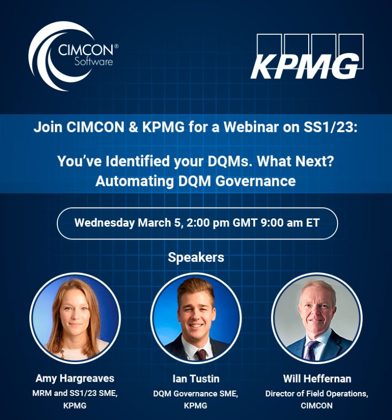 Join KPMG &amp; CIMCON for a webinar on SS1/23: Automating DQM Governance. 

March 5, 2:00pm GMT/9:00am ET. 
Register: bit.ly/3D2if4n

 Learn about SS1/23, DQMs, and automation for efficient governance. 

#SS123 #MRM #EUC #BankingRegulations #ModelGovernance #modelvalidation
