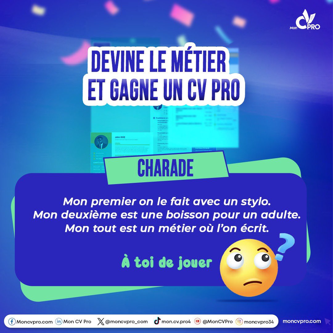 moncvpro_czc's tweet photo. 🎉 Jeu des Charades – Gagnez un CV Pro ! 🎉
Envie de remporter un CV professionnel gratuit ? Participez à notre jeu des charades ! 🚀
Ne manquez pas votre chance, le jeu commence maintenant ! 🎯
#Jeu
#Charades
#CVPro
#Concours
#Emploi
#Carrière
#moncvpro https://t.co/LycqZhHmct