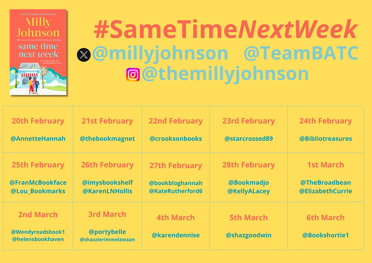 thebookmagnet's tweet image. It’s my stop on the @TeamBATC #BlogTour for #SameTimeNextWeek by @millyjohnson and I absolutely LOVED this fabulous book! Visit my blog to read my full review:
thebookmagnet.co.uk/2025/02/blog-t…