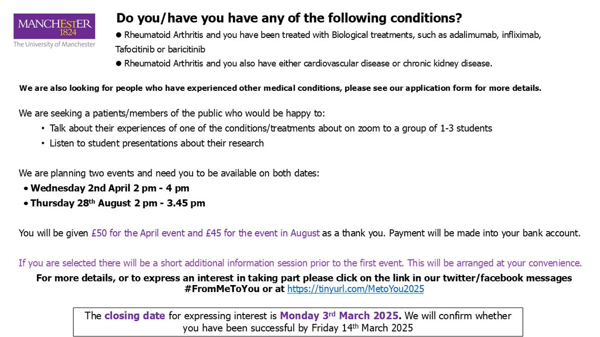 LindseyBwork's tweet image. Please RT. If you’ve been treated for Rheumatoid Arthritis with Biological treatments & would be happy to talk to 1-3 masters level students about your experience -see below and visit tinyurl.com/MetoYou2025 for more information and to apply. #FromMeToYou
