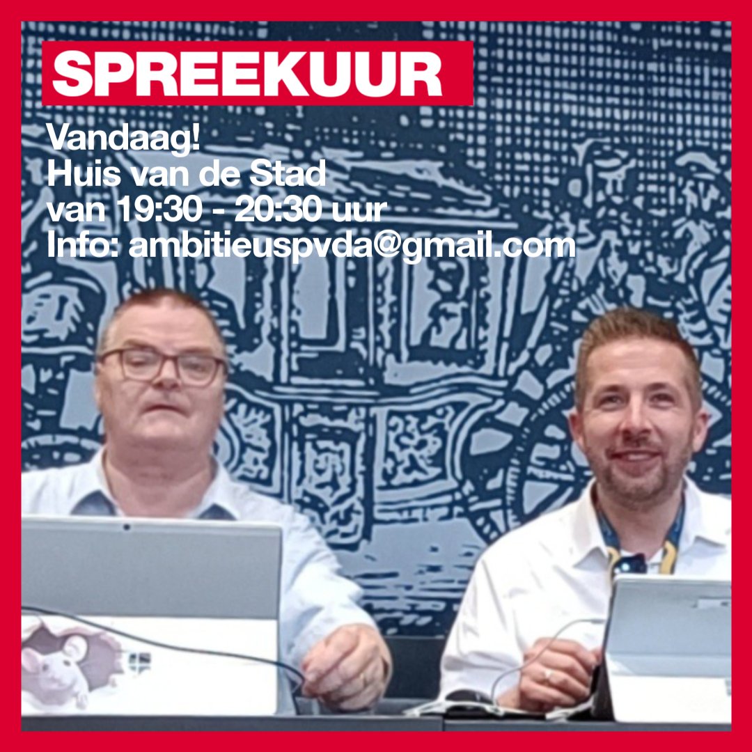 Pvda Rijswijk ๐น (@pvdarijswijk) on Twitter photo #Spreekuur ๐ | Maandag 24 februari zitten Erik en Max er klaar voor. Het twee wekelijkse spreekuur van de PvdA-fractie in #Rijswijk. De mogelijkheid bestaat ook dit online te doen. Meer info: E-mail: ambitieuspvda@gmail.com
Zien of spreken wij u gauw?
#teampvda ๐ช๐ผ #raadrijswijk #Spreekuur ๐ | Maandag 24 februari zitten Erik en Max er klaar voor. Het twee wekelijkse spreekuur van de PvdA-fractie in #Rijswijk. De mogelijkheid bestaat ook dit online te doen. Meer info: E-mail: ambitieuspvda@gmail.com
Zien of spreken wij u gauw?
#teampvda ๐ช๐ผ #raadrijswijk