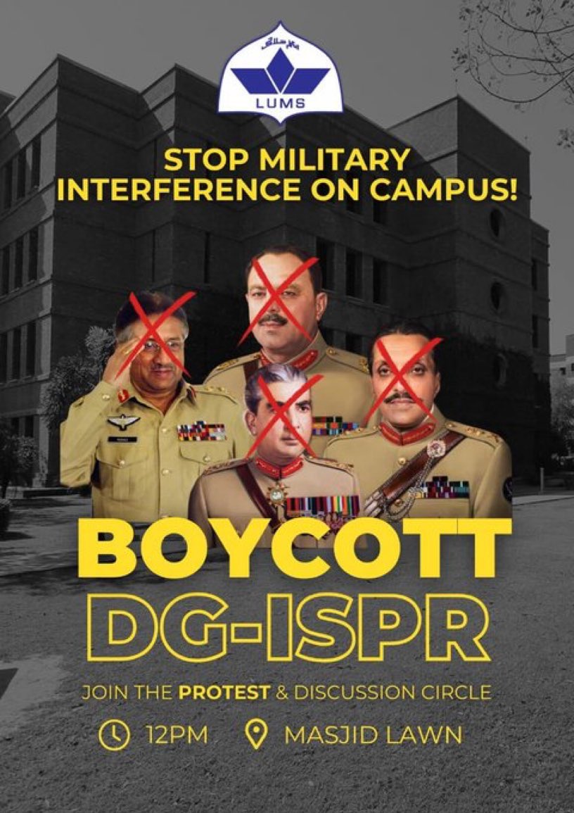 باخبر ذرائع کے مطابق ڈی جی صاحب LUMS پدھارے۔ ایڈوانس رجسٹریشن کے باوجود 3 درجن سے بھی کم طلباء اس سیشن میں شامل ہوئے۔ جب یہ صورتحال دیکھی گئی تو انٹری اوپن کردی گئی۔ پھر بھی تعداد وہی رہی۔ اس دوران LUMS کے غیور طلبہ نے ڈی جی صاحب کی آمد پر احتجاج بھی کیا۔ 

چچ چچ چچ چچ چچ چچ