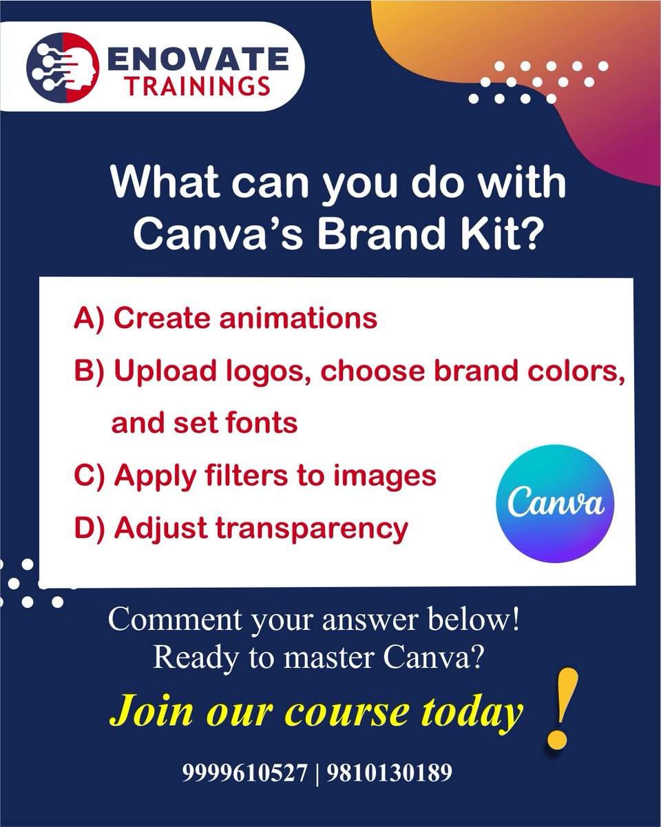 enovatetraining's tweet photo. Ready to master Canva? Join our course today!

👉 https://t.co/oWehqICVqG

#CanvaQuiz #TestYourSkills #LearnWithFun #GraphicDesign #DesignMastery #CanvaForBeginners https://t.co/w7xEXMaDy4