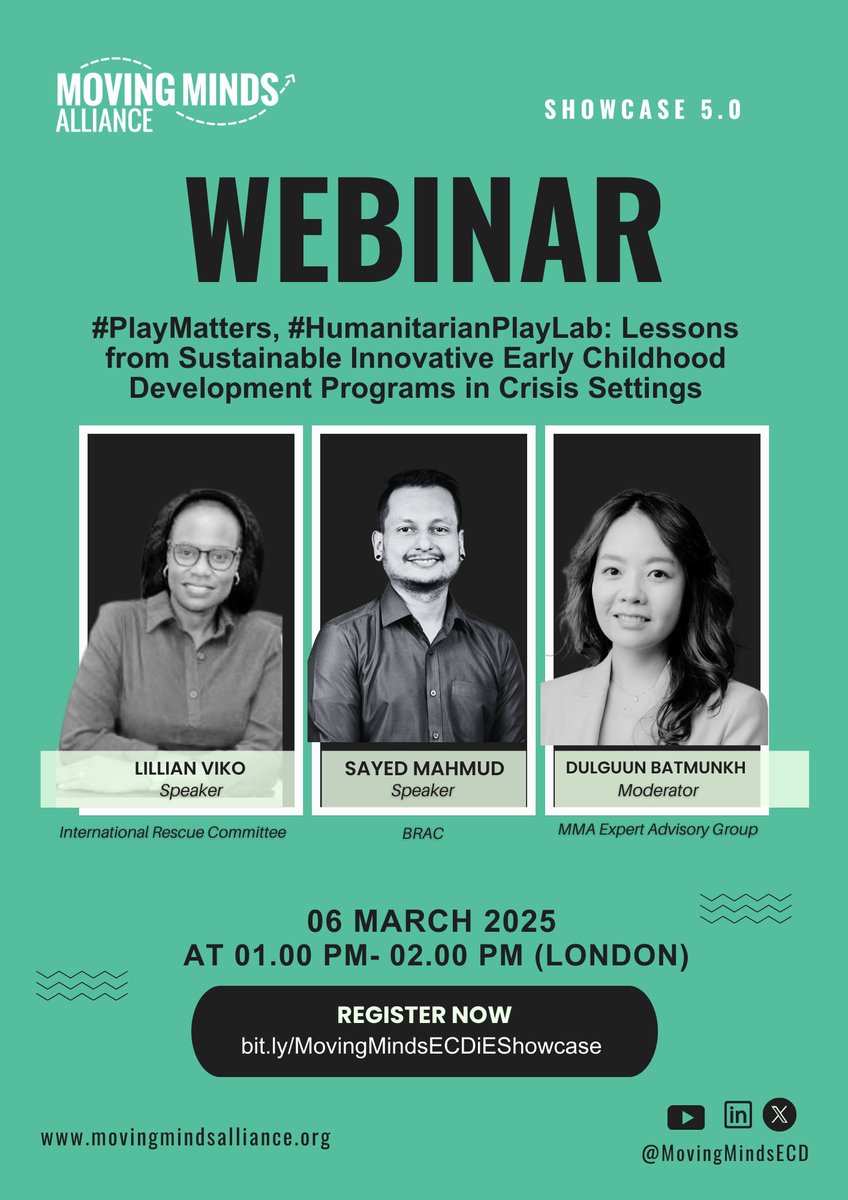 Join us for a showcase webinar on innovative Early Childhood Development in crisis settings.

With recent USAID funding cuts, it's crucial to connect, discover successful #ECD programs, and explore cost-effective strategies.

🔗 Register Now: bit.ly/MovingMindsECD…

#ECDwebinar