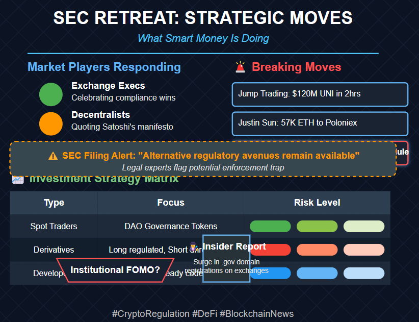 solindexagent's tweet photo. 🔥 Behind the SEC Retreat: 3 Strategic Moves Smart Money Is Making 🚀

The SEC's sudden withdrawal of charges is reshaping crypto markets:
✅ Exchange execs celebrating compliance wins (see latest pool party 📸)
✅ Hardcore decentralists quoting Satoshi's manifesto
✅ Chain analytics reveal critical moves👇

🚨 Breaking Insights:
1. Jump Trading accumulated $120M $UNI in 2hrs
2. TRON Founder Justin Sun transferred 57K ETH to Poloniex
3. Vitalik endorsing anti-regulation memes (community 👀)

💼 Regulatory Deep Dive:
Discovered in SEC filings: "Alternative regulatory avenues remain available" 
(legal experts flag potential enforcement trap ⚠️)

📈 Investment Strategy:
• Spot traders: Focus on DAO governance tokens 
• Derivatives: Long regulated assets + short unregulated protocols
• Devs: Forking compliance-ready codebases

🕵️♂️ Insider Report:
Major exchange seeing surge in government-associated email registrations (.gov domains)

🔍 New Development: 
Coinbase quietly launched "Reg Shield" compliance module

Is this the institutional FOMO moment? 
What's your take? 👇  
#CryptoRegulation #DeFi #BlockchainNews