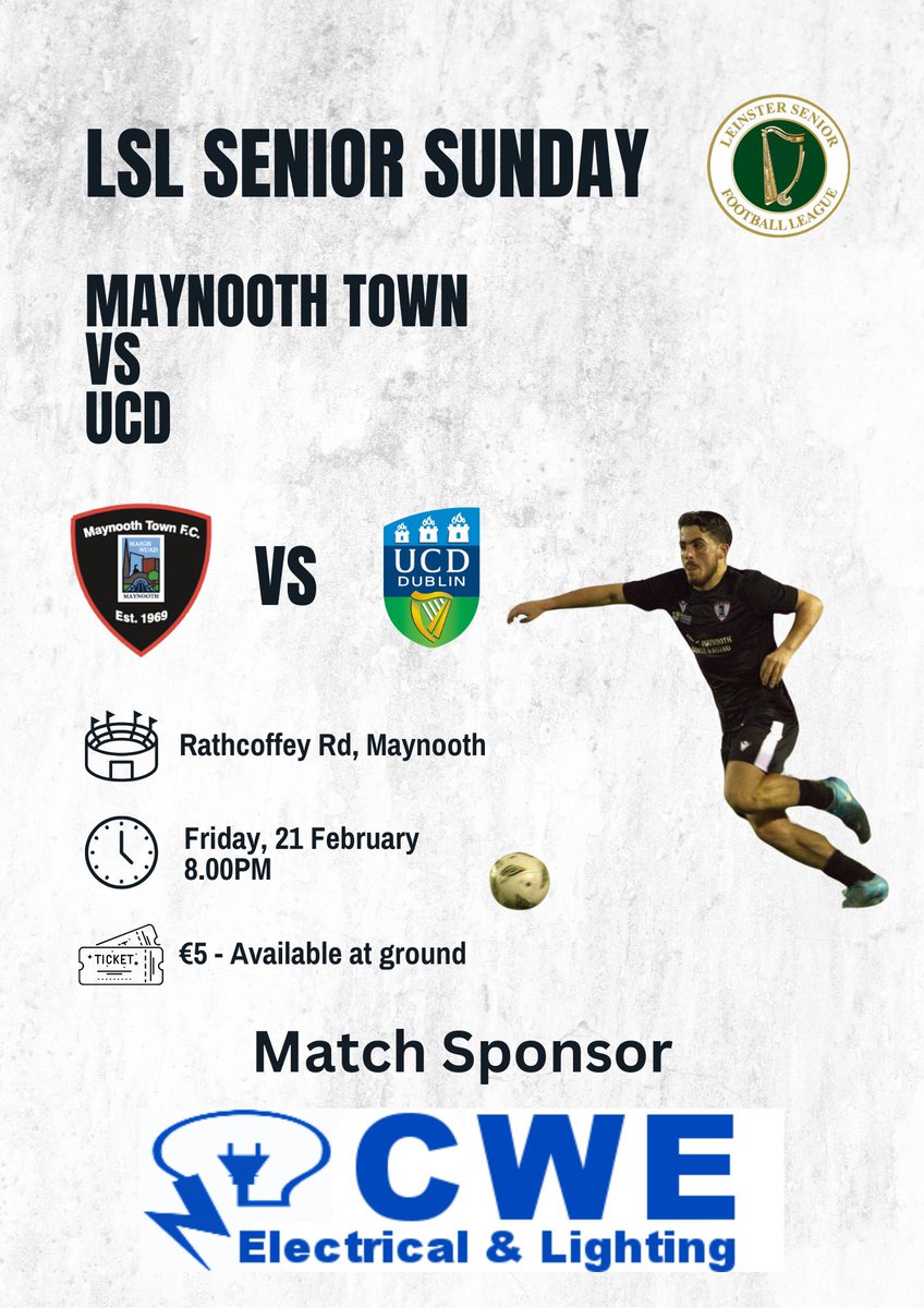 Maynooth Town FC (@mtfc_senior) on Twitter photo Fixture
🏆 LSL Senior Sunday
🆚 <a href="/UCDAFC/">UCD FC</a>
🗓 Friday 21 Feb
⏰ 8PM
🏟 Rathcoffey Rd Maynooth
Match Sponsor: CWE Electrical and Lighting
#LSLLiveScore <a href="/LSLLeague/">Leinster Senior League</a> <a href="/AlQuinn2015/">LSL Live Update’s</a> Fixture
🏆 LSL Senior Sunday
🆚 <a href="/UCDAFC/">UCD FC</a>
🗓 Friday 21 Feb
⏰ 8PM
🏟 Rathcoffey Rd Maynooth
Match Sponsor: CWE Electrical and Lighting
#LSLLiveScore <a href="/LSLLeague/">Leinster Senior League</a> <a href="/AlQuinn2015/">LSL Live Update’s</a>