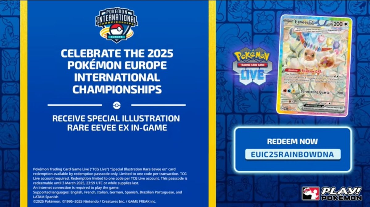 pokexperto's tweet image. Código de Pokémon TCG Live para la carta de Eevee ex Teracristal: 

➡️ EUIC25RAINBOWDNA
