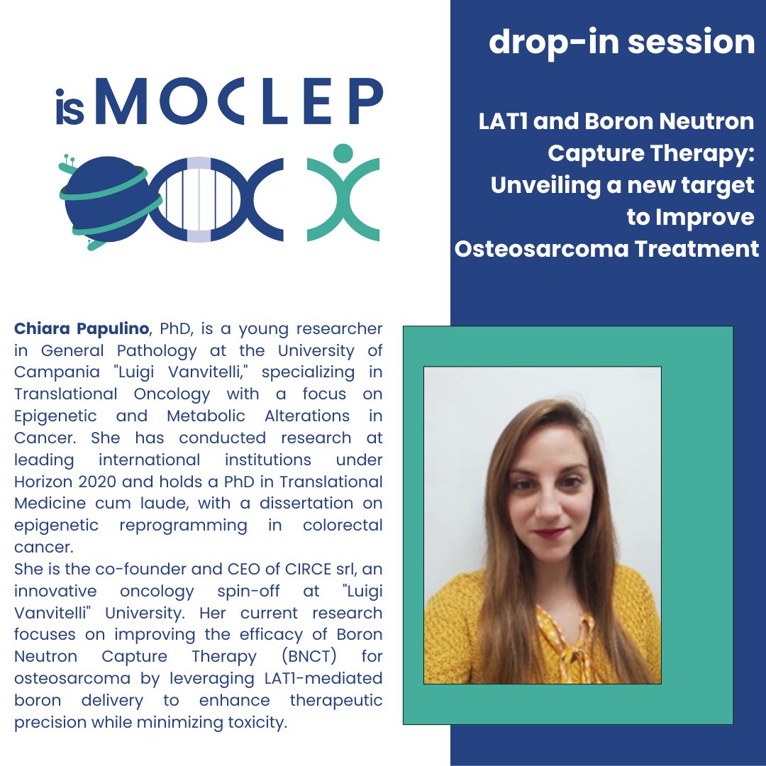 🚀 This Thursday, Feb 27, at 4 pm CET, our member Chiara Papulino from University of Campania "Luigi Vanvitelli" will speak at the drop-in session on "LAT1 and Boron Neutron Capture Therapy: Unveiling a new target to Improve Osteosarcoma Treatment".
Want to join? Comment below!