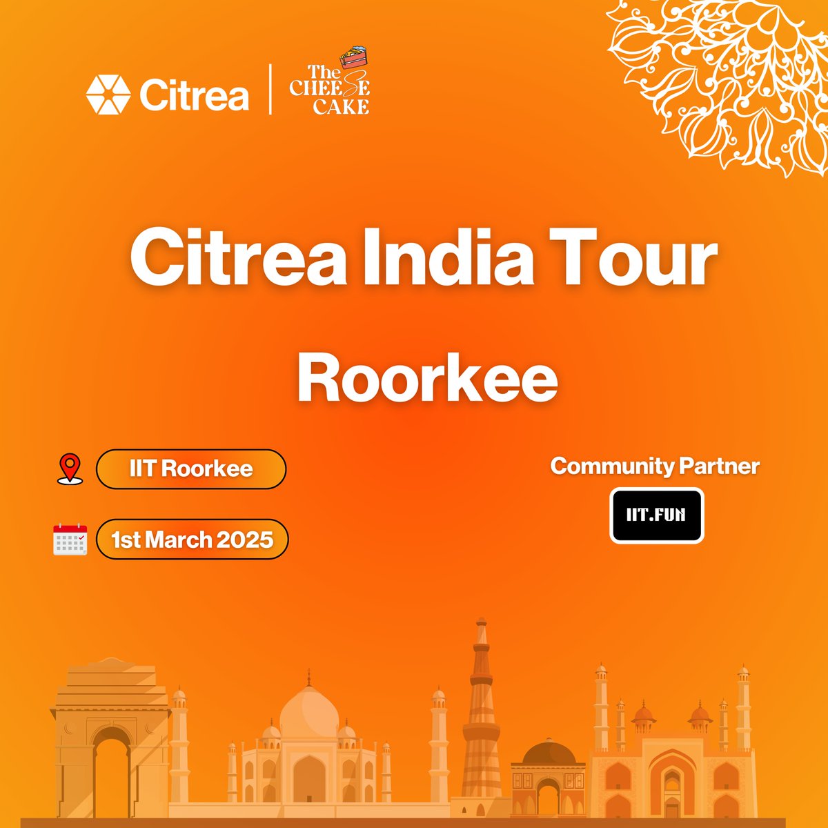 0xcheesecakexyz's tweet photo. 🚨Citrea India Tour | Roorkee Chapter

📍 Venue: IIT Roorkee
📅 Date: 1st March 2025

Dive deep into @citrea_xyz  ecosystem and gain hands-on experience. Don’t miss out!

Register now👇 https://t.co/YKdhkVFpW9