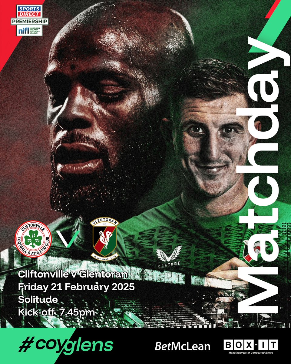 Glentoran's tweet photo. 𝗠𝗔𝗧𝗖𝗛𝗗𝗔𝗬 🔴🟢⚫️

🆚 Cliftonville
⏰ 19.45
🏆 Sports Direct Premiership
🎟️ https://t.co/VYeryi0MwU 
🏟️ Solitude 
📺 BBC iPlayer

Friday night football!

#COYGlens https://t.co/7BJ4gqWIU0