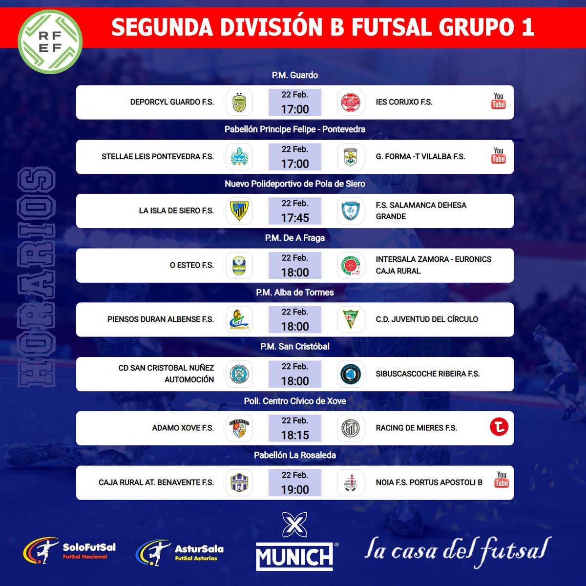 Solo-FutSal (@solofutsal_) on Twitter photo 🟥2⃣ª🅱️ DIVISIÓN FUTSAL - GRUPO 1⃣
📆 22ª JORNADA / ⏰HORARIOS
✍️ Consulta los horarios de la jornada
📎 solo-futsal.es/segunda-divisi…
🔀 Visita los perfiles de los equipos de la categoría
<a href="/AtlBenavente/">Club Atlético Benavente F.S.</a> <a href="/LeisPontevedra/">Stellae Leis Pontevedra FS</a> <a href="/AlbenseFs/">Piensos Durán Albense FS</a> <a href="/OEsteoFS/">O Esteo F.S.</a> <a href="/ies_fs/">Ganomagoga IES Coruxo FS</a> <a href="/guardofs/">Deporcyl Guardo F.S.</a> <a href="/vilalba_fs/">Grupo Forma-t Vilalba FS</a> 🟥2⃣ª🅱️ DIVISIÓN FUTSAL - GRUPO 1⃣
📆 22ª JORNADA / ⏰HORARIOS
✍️ Consulta los horarios de la jornada
📎 solo-futsal.es/segunda-divisi…
🔀 Visita los perfiles de los equipos de la categoría
<a href="/AtlBenavente/">Club Atlético Benavente F.S.</a> <a href="/LeisPontevedra/">Stellae Leis Pontevedra FS</a> <a href="/AlbenseFs/">Piensos Durán Albense FS</a> <a href="/OEsteoFS/">O Esteo F.S.</a> <a href="/ies_fs/">Ganomagoga IES Coruxo FS</a> <a href="/guardofs/">Deporcyl Guardo F.S.</a> <a href="/vilalba_fs/">Grupo Forma-t Vilalba FS</a>