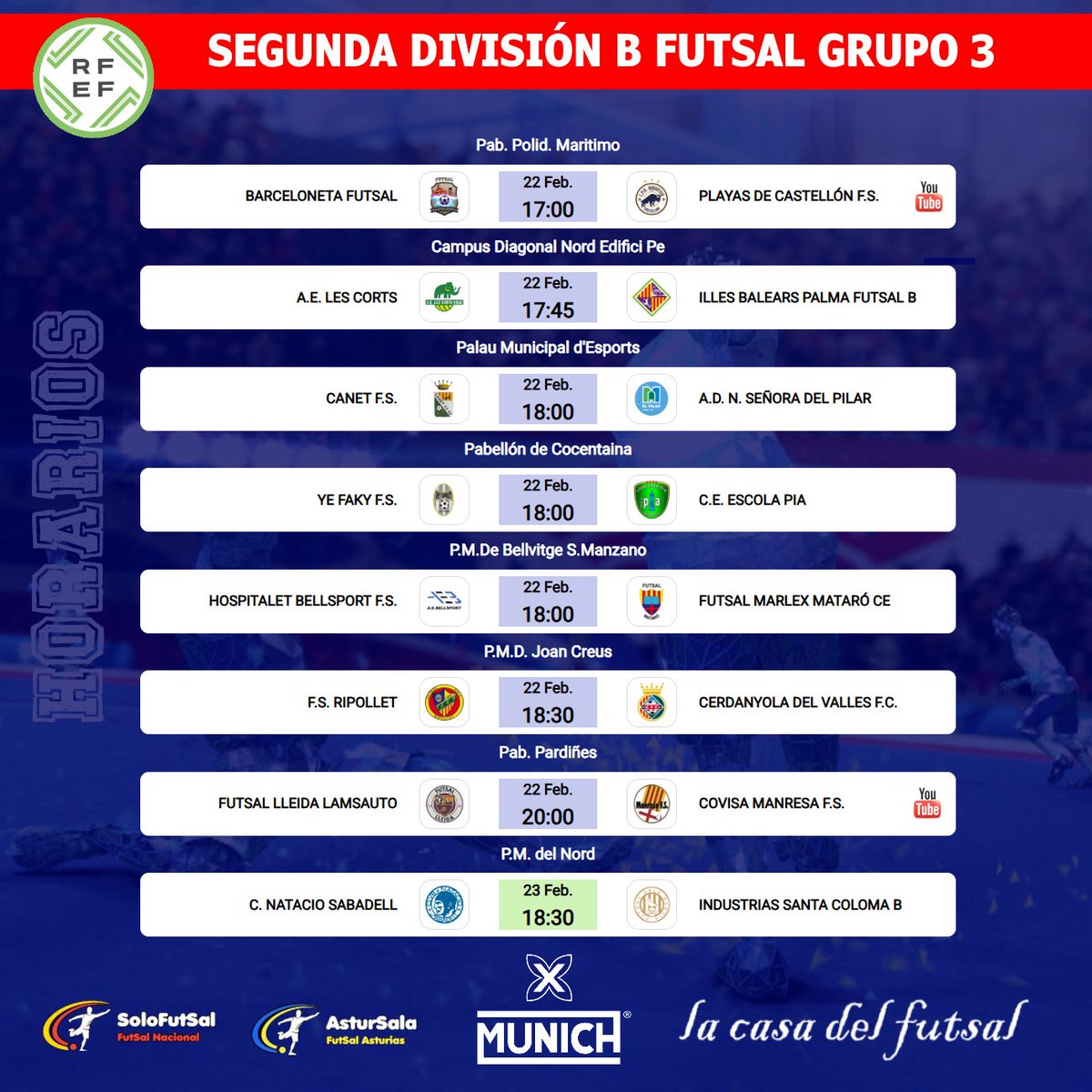 Solo-FutSal (@solofutsal_) on Twitter photo 🟥2⃣ª🅱️ DIVISIÓN FUTSAL - GRUPO 3⃣
📆 22ª JORNADA / ⏰HORARIOS
✍️ Consulta los horarios de la jornada
📎 📎 solo-futsal.es/segunda-divisi…
🔀 Visita los perfiles de los equipos de la categoría
<a href="/aebellsport/">Associació Esportiva Bellsport</a> <a href="/FutsalPia/">Futsal Pia Sabadell</a> <a href="/FsCerdanyolaFc/">Cerdanyola FS</a> <a href="/fsalagarcia/">Industrias Santa Coloma</a> <a href="/CN_Sabadell/">CN Sabadell</a> <a href="/ClubManresaFS/">Covisa Manresa F.S.</a> 🟥2⃣ª🅱️ DIVISIÓN FUTSAL - GRUPO 3⃣
📆 22ª JORNADA / ⏰HORARIOS
✍️ Consulta los horarios de la jornada
📎 📎 solo-futsal.es/segunda-divisi…
🔀 Visita los perfiles de los equipos de la categoría
<a href="/aebellsport/">Associació Esportiva Bellsport</a> <a href="/FutsalPia/">Futsal Pia Sabadell</a> <a href="/FsCerdanyolaFc/">Cerdanyola FS</a> <a href="/fsalagarcia/">Industrias Santa Coloma</a> <a href="/CN_Sabadell/">CN Sabadell</a> <a href="/ClubManresaFS/">Covisa Manresa F.S.</a>