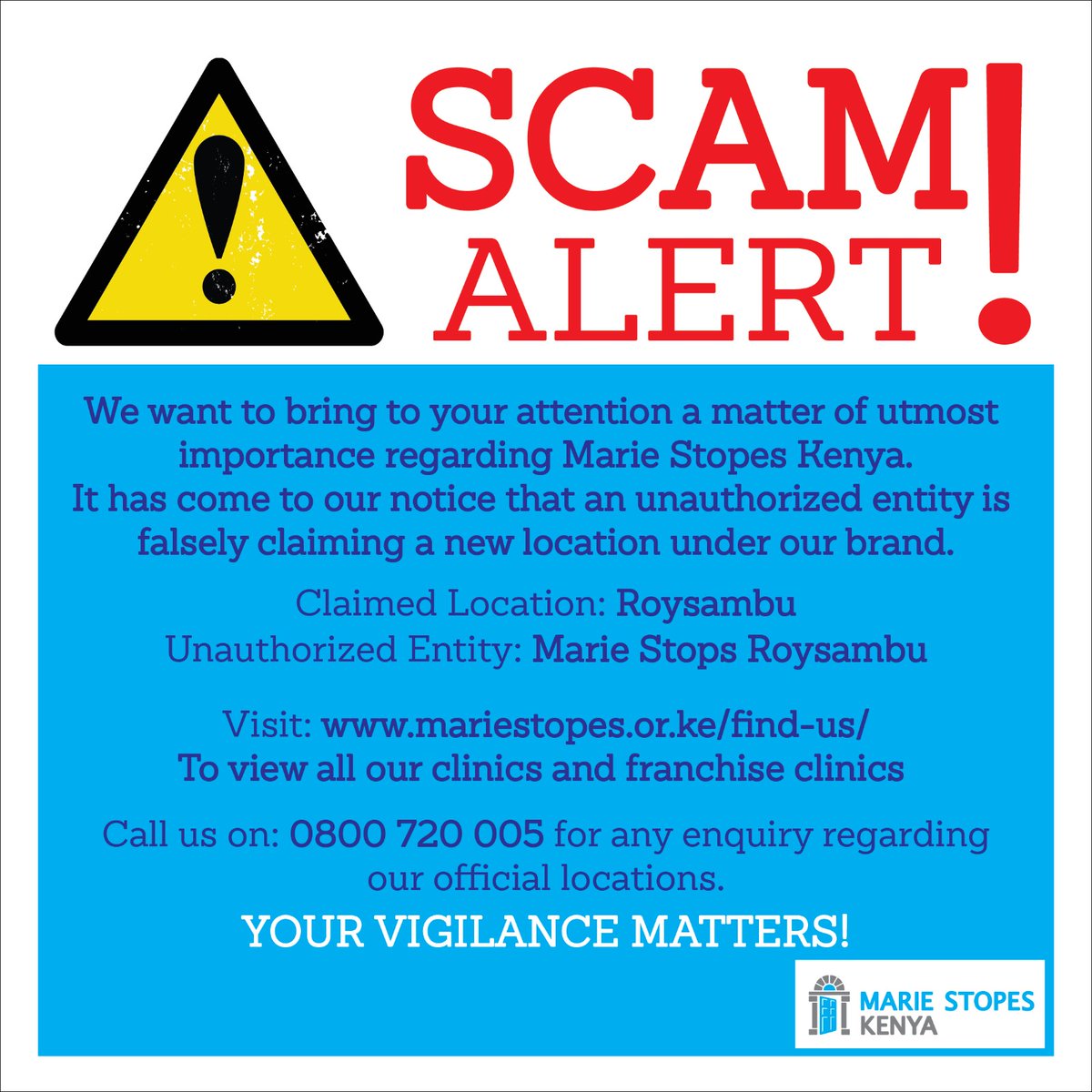 Dear Esteemed Customer,
Beware of imitator clinics claiming to be associated with us or offering similar services.

Click the link below to find a Marie Stopes Clinic near you.
mariestopes.or.ke/find-us/ or call us on 0800720005.

#RealMariestopes
