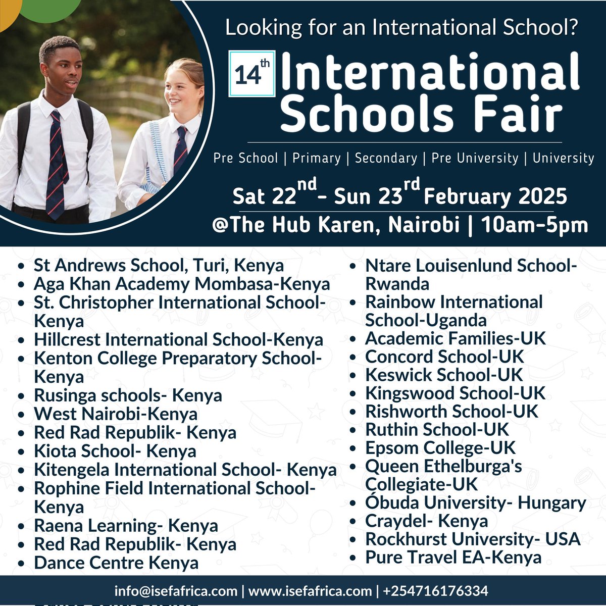 Wanji001's tweet photo. Where do you start when choosing the best international school? Start at the International Schools Fair at The Hub Karen! Feb 22-23, 10 AM - 5 PM Get the latest on international curricula, scholarships &amp; school admissions! #ISEFinNAIROBI https://t.co/g5eO94Gf65