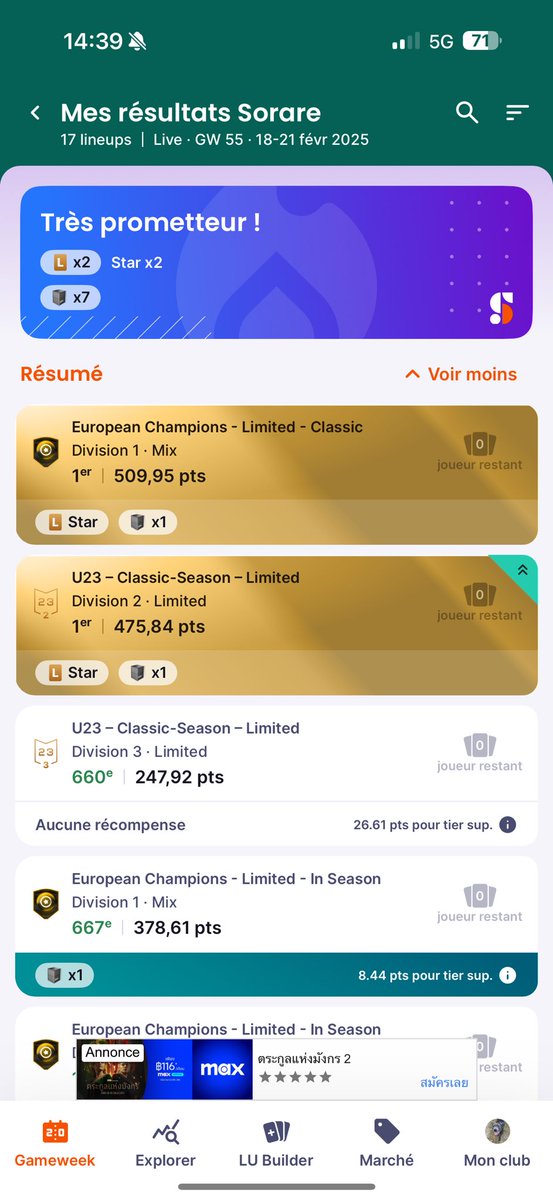 2 win sur la même GW 
Oui Sorare c est que de la chance et quand ça tourne ça fait plaisir 
#sorare