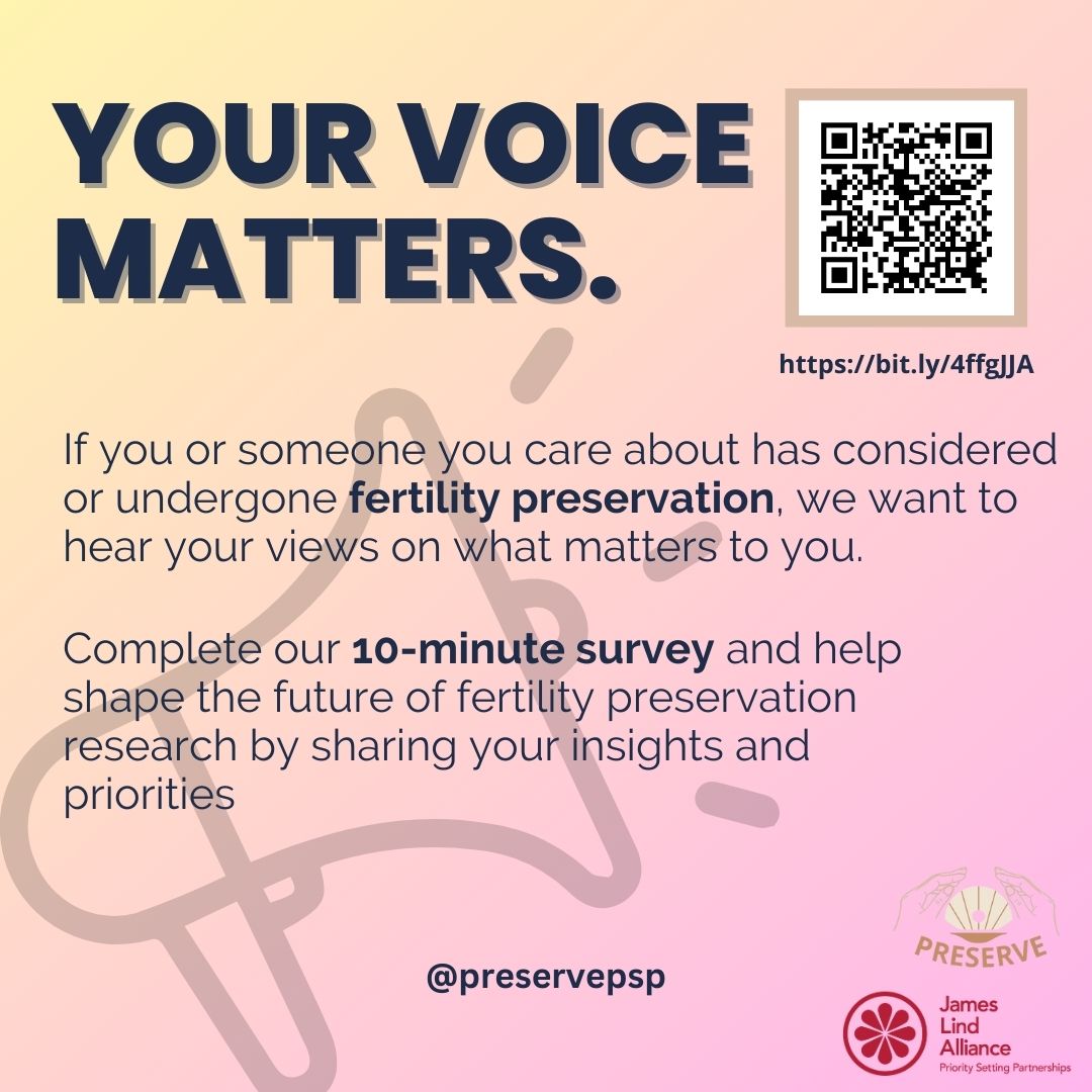 Wellbeing of Women (@wellbeingofwmen) on Twitter photo Make your voice heard! What questions about fertility preservation research matter to  you? Complete the short survey here and make your voice heard! <a href="/PreservePSP/">PRESERVE PSP</a>  bit.ly/4ffgJJA #FertilityPreservation #preservepsp Make your voice heard! What questions about fertility preservation research matter to  you? Complete the short survey here and make your voice heard! <a href="/PreservePSP/">PRESERVE PSP</a>  bit.ly/4ffgJJA #FertilityPreservation #preservepsp