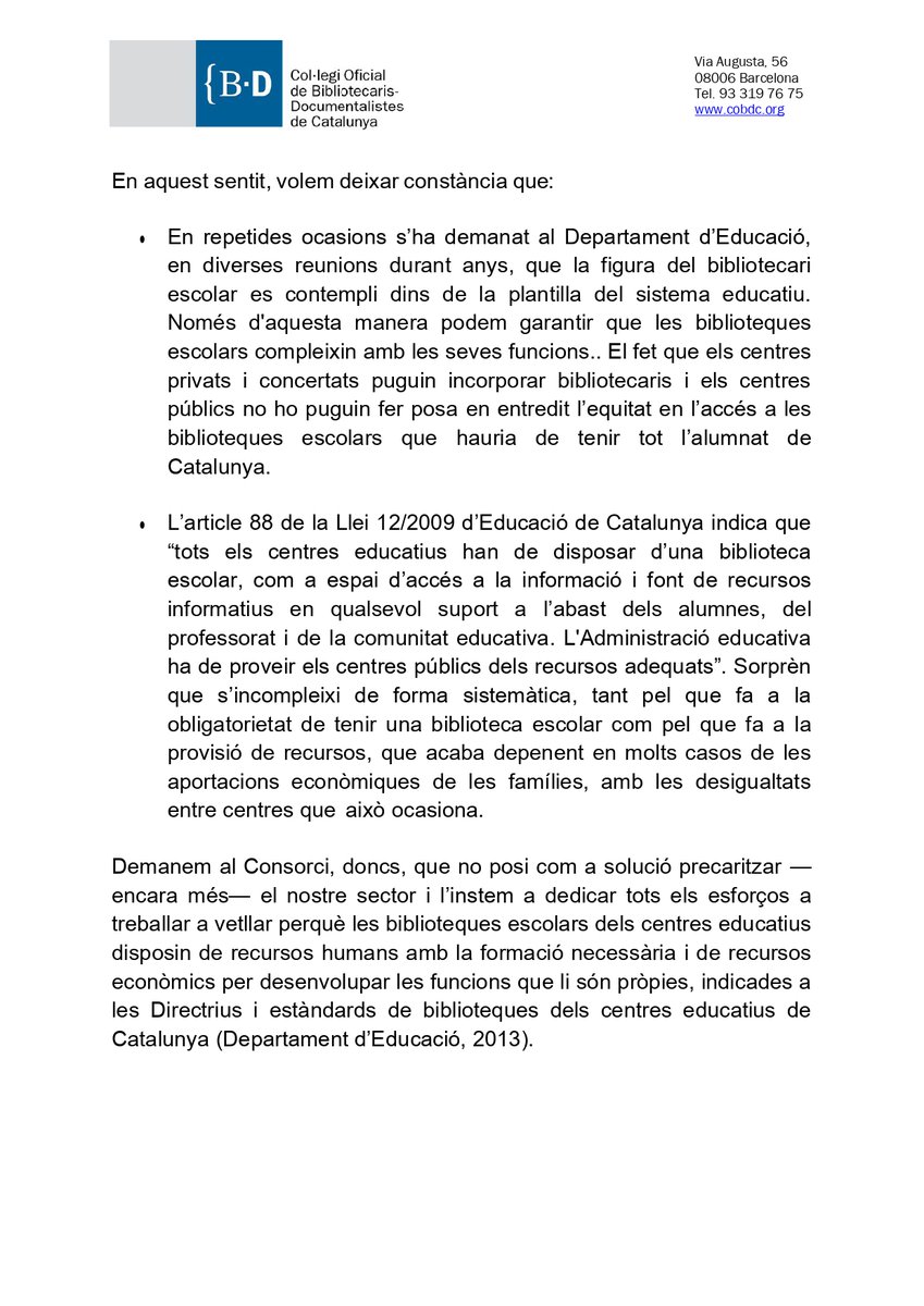📢 Aquí podeu veure el comunicat que vam enviar al Consorci d’Educació de Barcelona. Encara no hem rebut resposta. Reivindiquem la importància dels/les professionals a les biblioteques escolars i exigim solucions dignes.