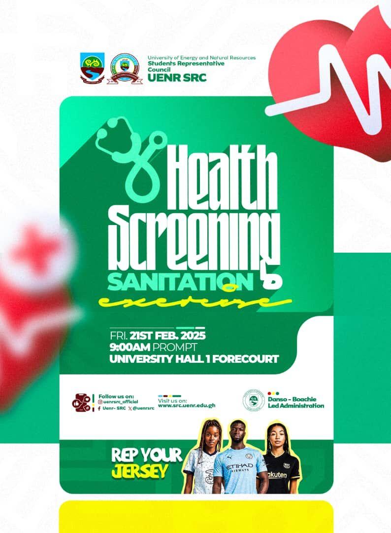 Get ready for a day of health and wellness! 🌱 Join us for the Health Screening &amp; Sanitation Exercise this morning, at 9:00 AM sharp at University Hall 1 Forecourt. Don’t forget to Rep Your Jerseyand be part of this exciting event. Let’s stay healthy and safe together.
#UENRMedia
