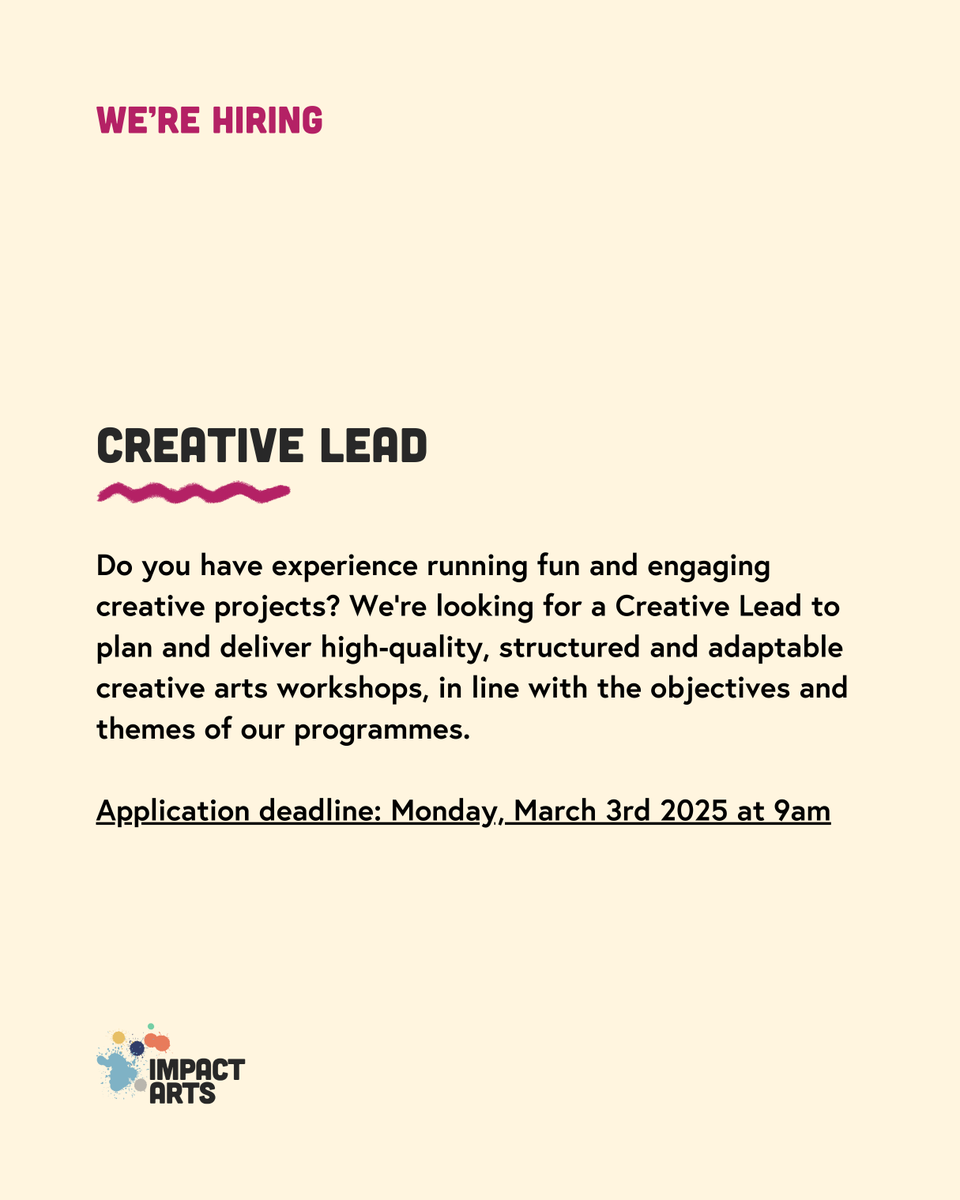 impact_arts's tweet photo. Impact Arts is hiring!
🖌️ Creative Lead
📝 Wellbeing & Opportunities Worker
🌠 Wellbeing & Opportunities Worker (CashBack to the Future)
Get the full details & apply: https://t.co/njpWheSzt5
#artscharity #charityjobs #thirdsectorjobs @CreativeScots https://t.co/juA463HuqL