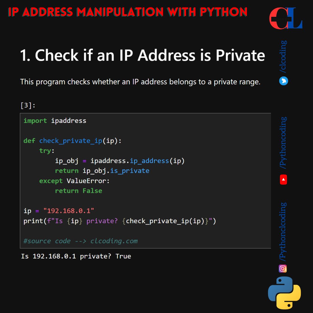 clcoding's tweet photo. IP Address Manipulation with Python https://t.co/VxxzfHNWKy