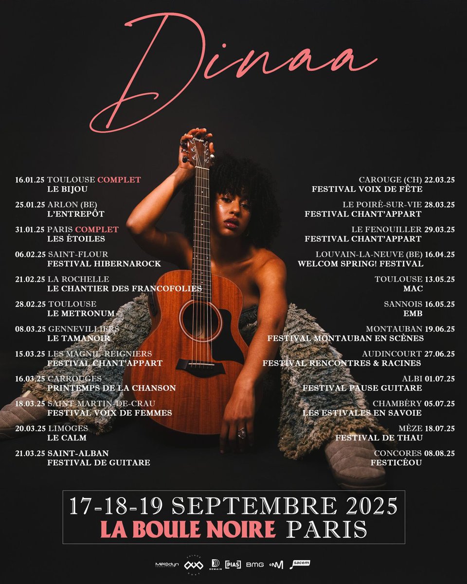 PALACEPROD's tweet image. 1,2,3… Boule Noire ! 🥳

@DinaaOfficiel vous donne rendez-vous en septembre pour non pas une, ni deux mais bien trois dates de concert à La Boule Noire en septembre prochain ! Sans oublier de nombreuses autres dates partout en France 🎤

🎫 bnds.us/mxpe3s

📸Fiona Bazze