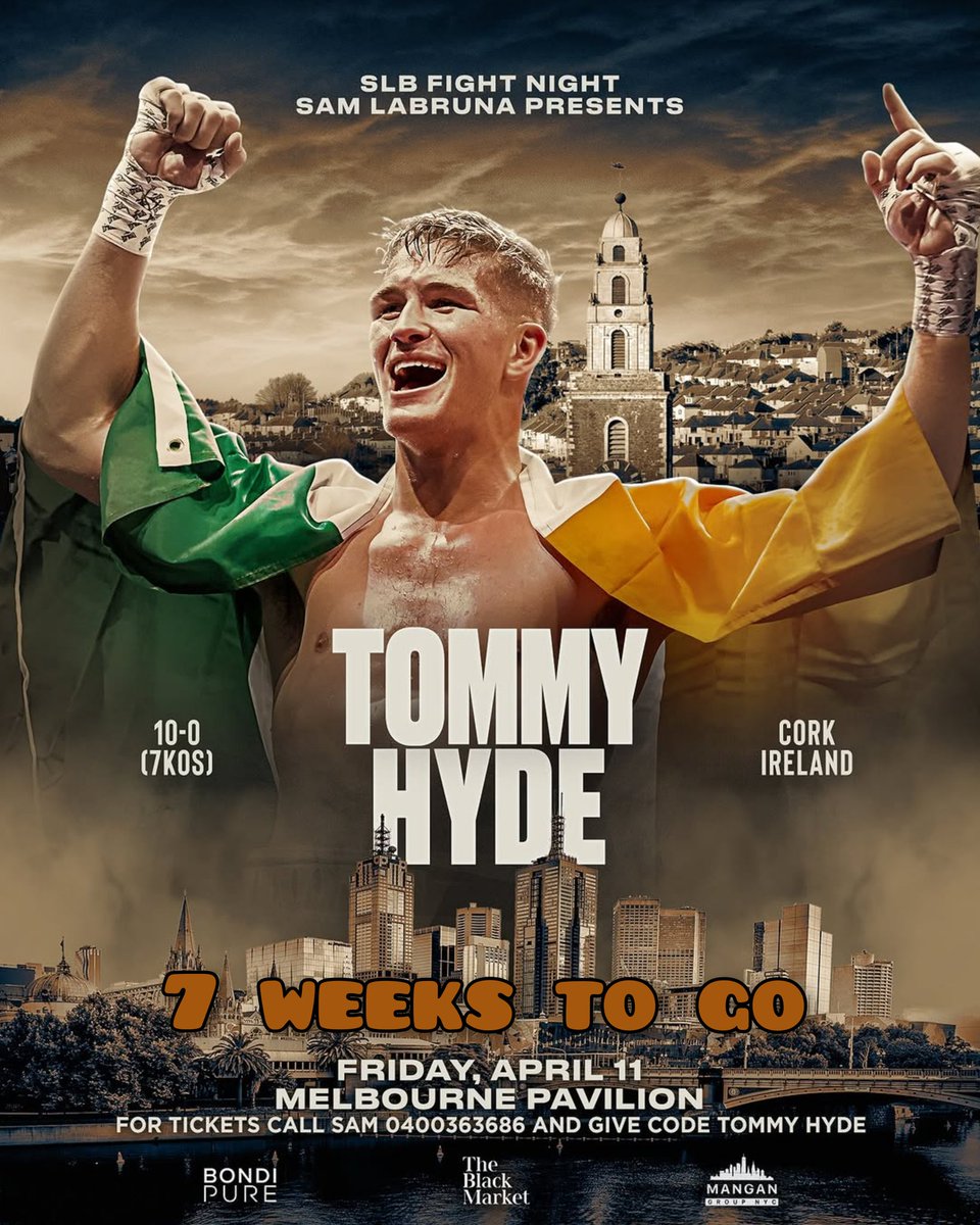 Boxing Tickets NI (@boxingticketsni) on Twitter photo 7 Weeks to go
<a href="/tommyhyde99/">Tommy Hyde</a> features on the SLB Fight Night at Melbourne pavilion in Victoria, Australia
Hyde (10-0) was supposed to fight on an Australian card last Year but had to pull out due to injury
He gets his wish now to fight down under, no opponent confirmed as yet 7 Weeks to go
<a href="/tommyhyde99/">Tommy Hyde</a> features on the SLB Fight Night at Melbourne pavilion in Victoria, Australia
Hyde (10-0) was supposed to fight on an Australian card last Year but had to pull out due to injury
He gets his wish now to fight down under, no opponent confirmed as yet