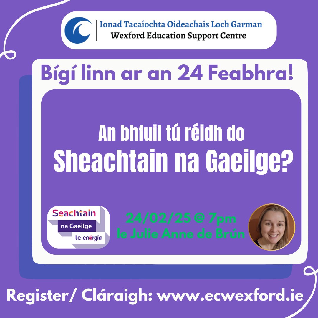 Tá Seachtain na Gaeilge ag teacht!

☘️Ceardlann zúm "An bhfuil tú réidh do Sheachtain na Gaeilge?" 

📆 24 Feabhra @ 7pm

🔗 ecwexford.ie

💚Beidh neart áiseanna agus suíomhanna úsáideacha chun Seachtain na Gaeilge a chur chun cinn i do scoil nó i do cheantar féin!