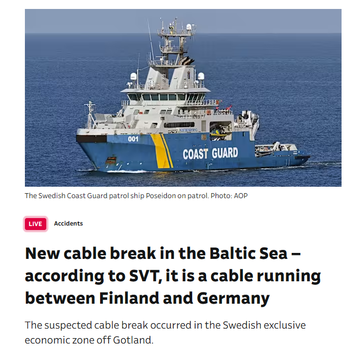 Izskatās, ka Zviedrijas EEZ pie Gotlandes krastiem pārrauts vēls viens datu kabelis ka savienoja Vāciju un Somiju.