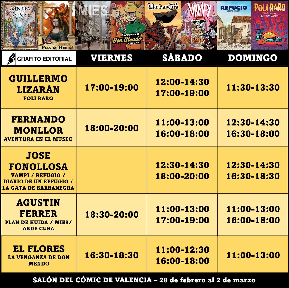 Tomad nota de los autores que nos acompañarán en nuestro stand y sus sesiones de firmas para el <a href="/SalonComicVlc/">Salón del Cómic y del Manga de Valencia</a> 
Nos vemos el próximo finde.
Atentos que todos los compradores os llevaréis algún regalito chulo! 😘