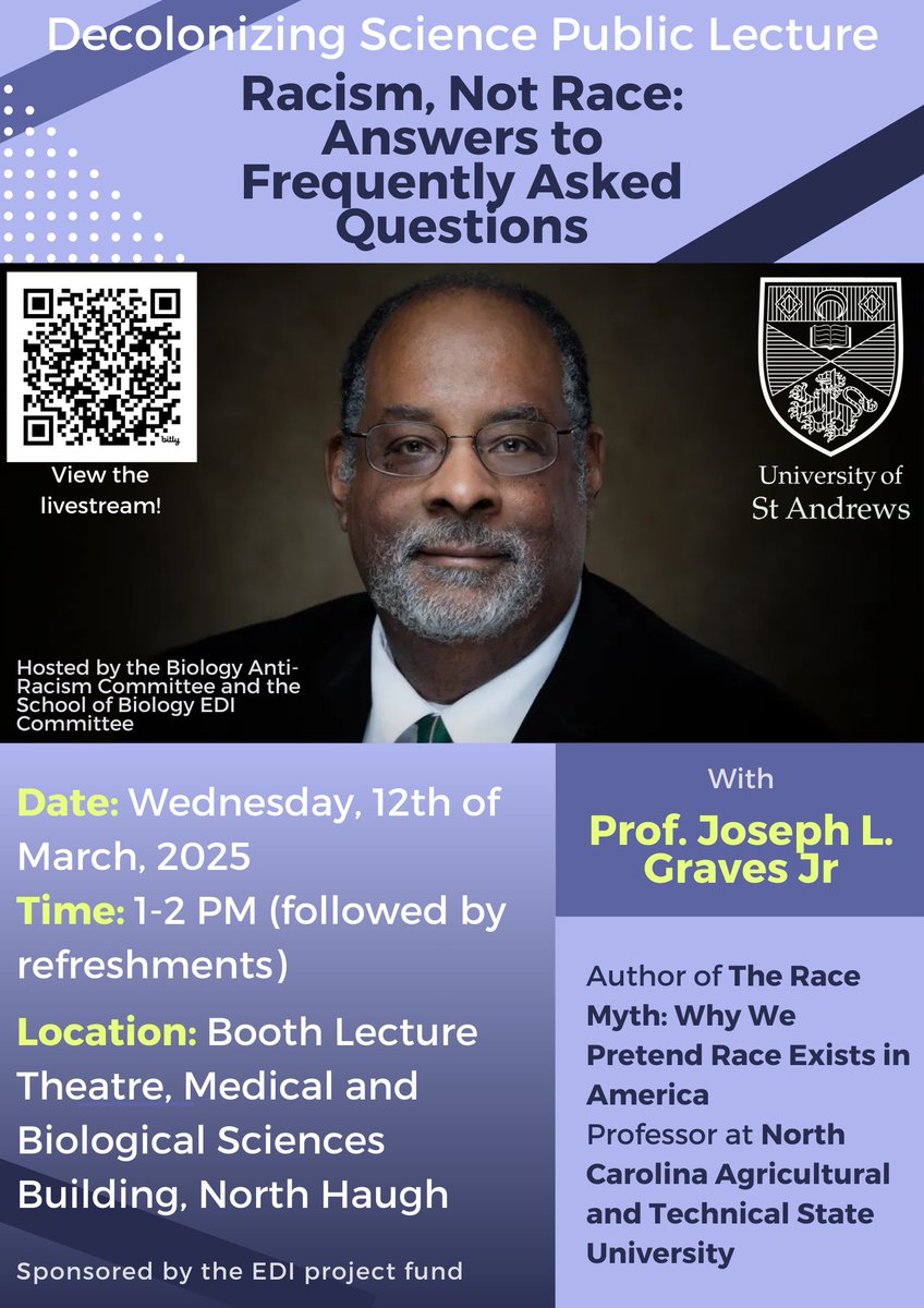 RACISM, NOT RACE: Answers to FAQs 👨🏼‍🎓🔬 
Come &amp; listen to Joseph Graves speak at the DECOLONIZING SCIENCE public lecture, hosted by the Biology Anti-Racism Committee &amp; <a href="/SchoolofBiology/">School of Biology</a> EDI committee 📅12th of March 1pm at the Booth Lecture Theatre. Everyone is welcome!