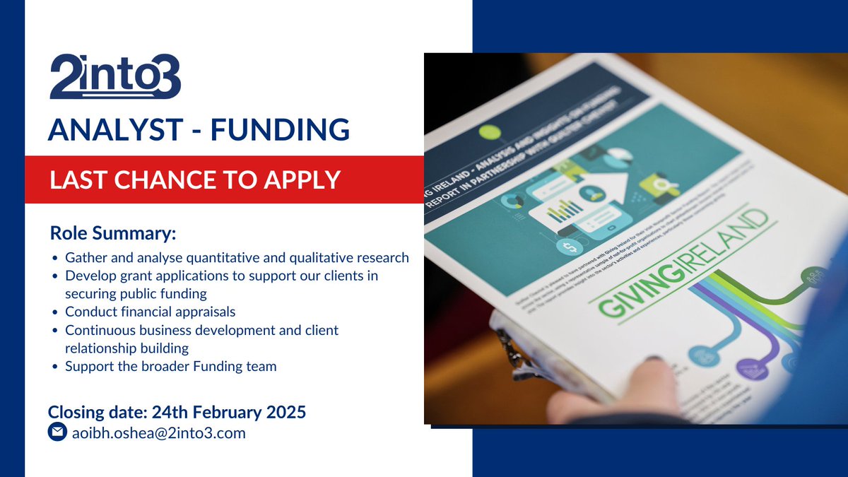 Last chance to apply 📢 Closing Date: Mon 24th Feb. We're seeking an Analyst to join our Funding team, who will play a critical role in facilitating the delivery of consulting assignments. More info: 2into3.com/portfolio-item… #Hiring #IrishJobs #SocialImpact #Funding