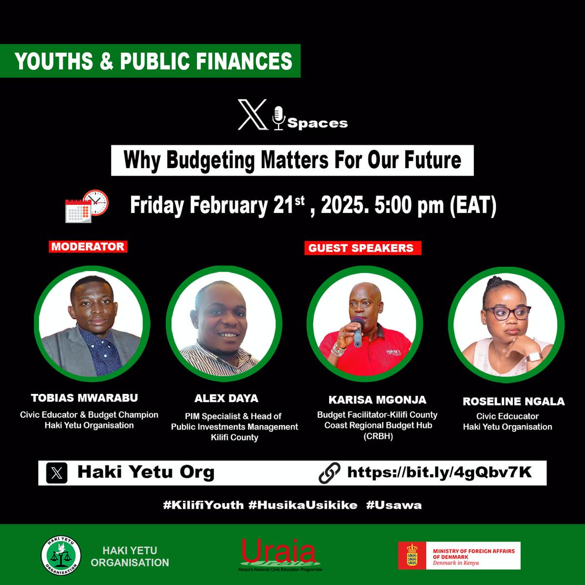 IhaVictor's tweet photo. Inclusive budget process influences the future of youth in @KilifiCountyGov . Join us today from 5PM as we seek to unpack this crucial aspect.
@Danny_Gonah @ericmgoja1984 @lucas_fondo @NdunguWainaina @RahmaOda @SuleimanMbaji @tobiasmwarabu
#Uwazi #HusikaUsikike #KilifiYouth https://t.co/3grfyP8dUR