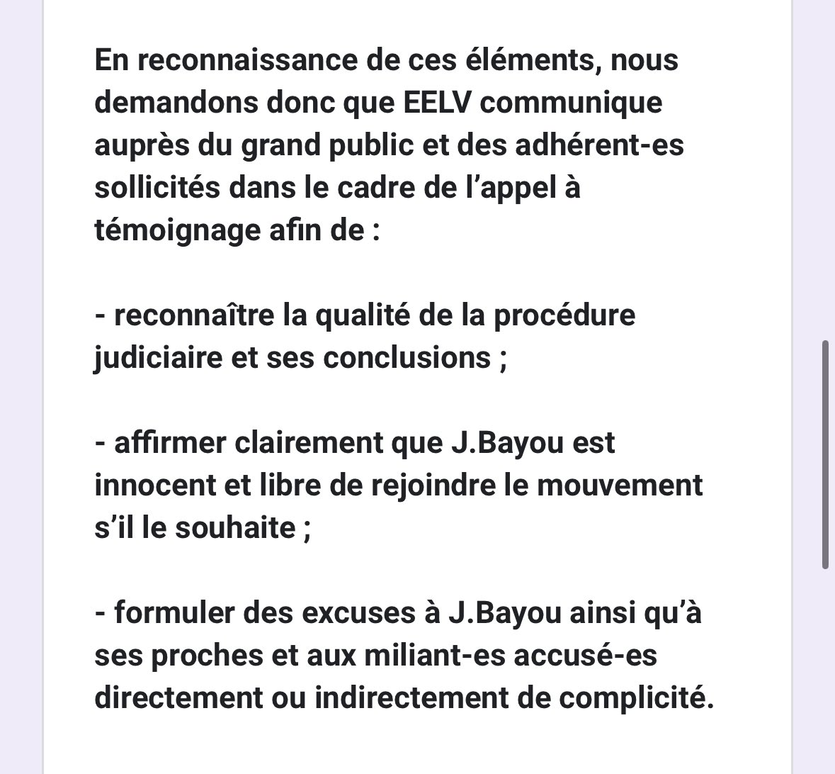 🔴 Affaire Bayou : dans une lettre ouverte à la direction d’EELV, des militant.es exigent « la réparation de l’injustice ». Ils demandent à la cheffe Marine Tondelier d’ « affirmer clairement que Julien Bayou est innocent et libre de rejoindre le mouvement s’il le
