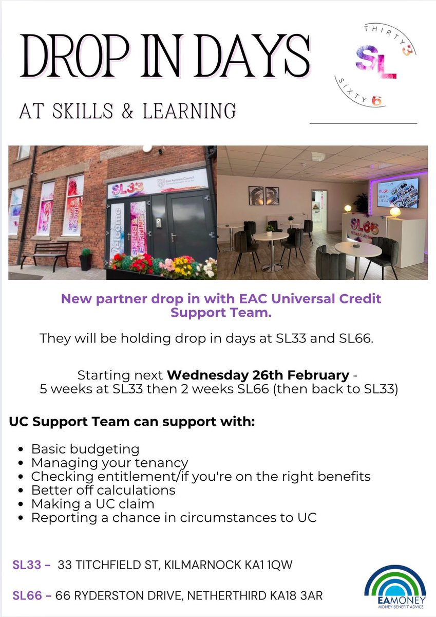 East Ayrshire Opps4All (@sl33eac) on Twitter photo Check out our new partner drop in days at SL33 and SL66 with EAC Universal Credit Support Team !
They will be holding different drop in days, so give it a look at below π€©
Any further questions email us at,
SL33@east-ayrshire.gov.uk π Check out our new partner drop in days at SL33 and SL66 with EAC Universal Credit Support Team !
They will be holding different drop in days, so give it a look at below π€©
Any further questions email us at,
SL33@east-ayrshire.gov.uk π