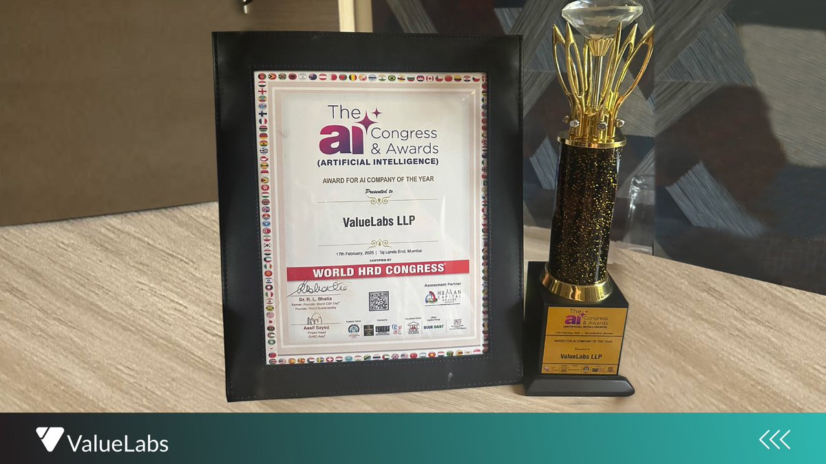 ValueLabs's tweet photo. We are excited to announce that we have been recognized as The AI Company of the Year at the AI Congress and Awards 2025. The event was organized by the WORLD HRD Congress. 

ValueLabs was represented at the event by Veda Reddy, CEO - Imagine (ValueLabs' innovation arm) and Ipsita Mohanty, VP - ESO. The event saw insightful discussions on the transformative role of AI across industries. 

Our commitment to driving real-world impact through our GenAI platform, AiDE®, has already helped our clients save 500,000 person-hours in just 75 days. Our win is a clear validation of the path we are on and the efforts we are investing in hashtag#Impact@40 to save 1,000,000 person-hours for our clients as next milestone. 

A big thank you to everyone who has been a part of this journey.