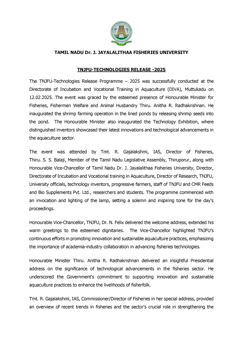 Tamil Nadu Dr.J.Jayalalithaa Fisheries University tweet media
