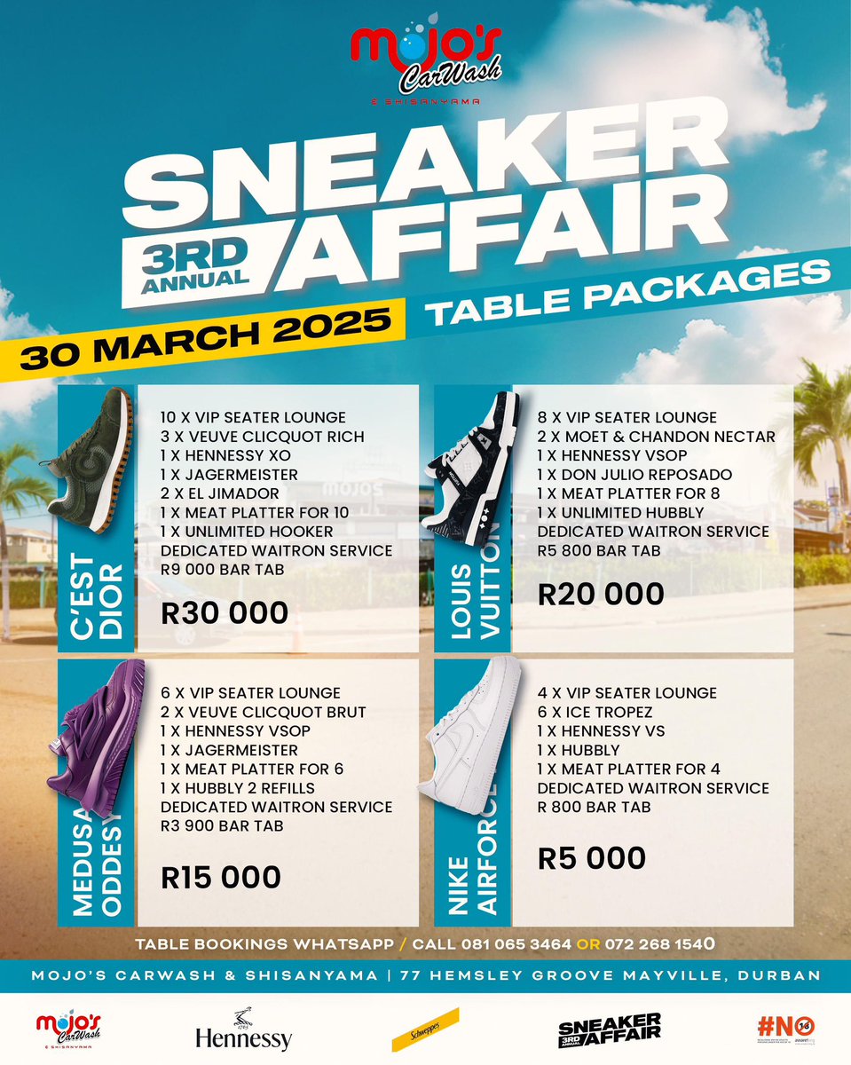 MpumeM_'s tweet photo. Sneaker heads ‼️ the “3rd Annual SNEAKERAFFAIR 👟” is happening on 30th of March 2025. Experience of High end fashion,Super cars, Music, Lifestyle and Sneaker game 👟 

make a  reservation on : 081 065 3464/072 268 1540

#SneakerAffair25
#MojosSneakerAffair #WeAreMojos #Mojos https://t.co/NjoMbaDmOS
