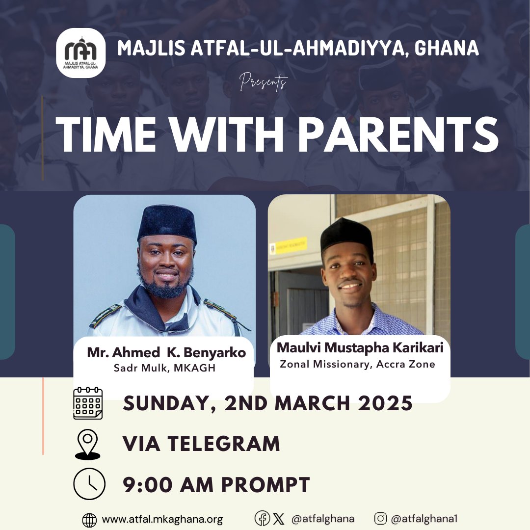 AtfalGhana's tweet photo. D-DAY IS HERE! JOIN US LIVE NOW!
Happening NOW!
Mr. Ahmed K. Benyarko β Sadr Mulk, MKAGH
Maulvi Mustapha Karikari β Zonal Missionary, Accra Zone
π Via Telegram | π 9:00 AM GMT
Parents, join us & be part of the conversation!
Weβre LIVE! Tap in now!
#TimeWithParents #LiveNow https://t.co/bzW0fcuMeR