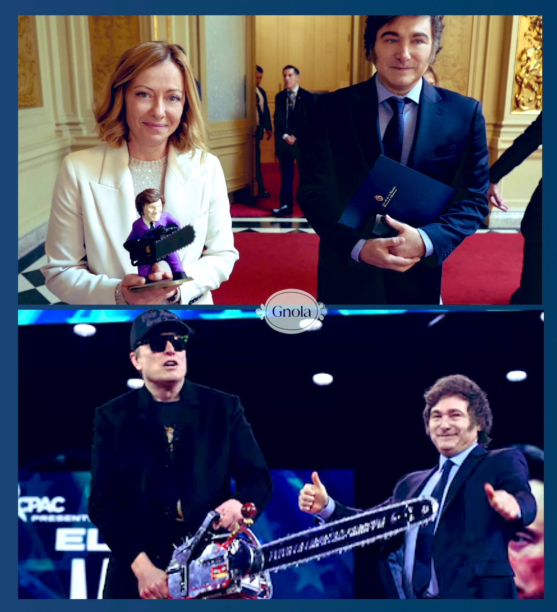 GnolaRoma's tweet photo. A Giorgia, femmina, ha fatto la bamboletta.
A Elon, maschio, lo stesso giocattolo suo.
Manco all’asilo.
#Milei #Musk #motosega #21febbraio https://t.co/X9hv2Z4B3u