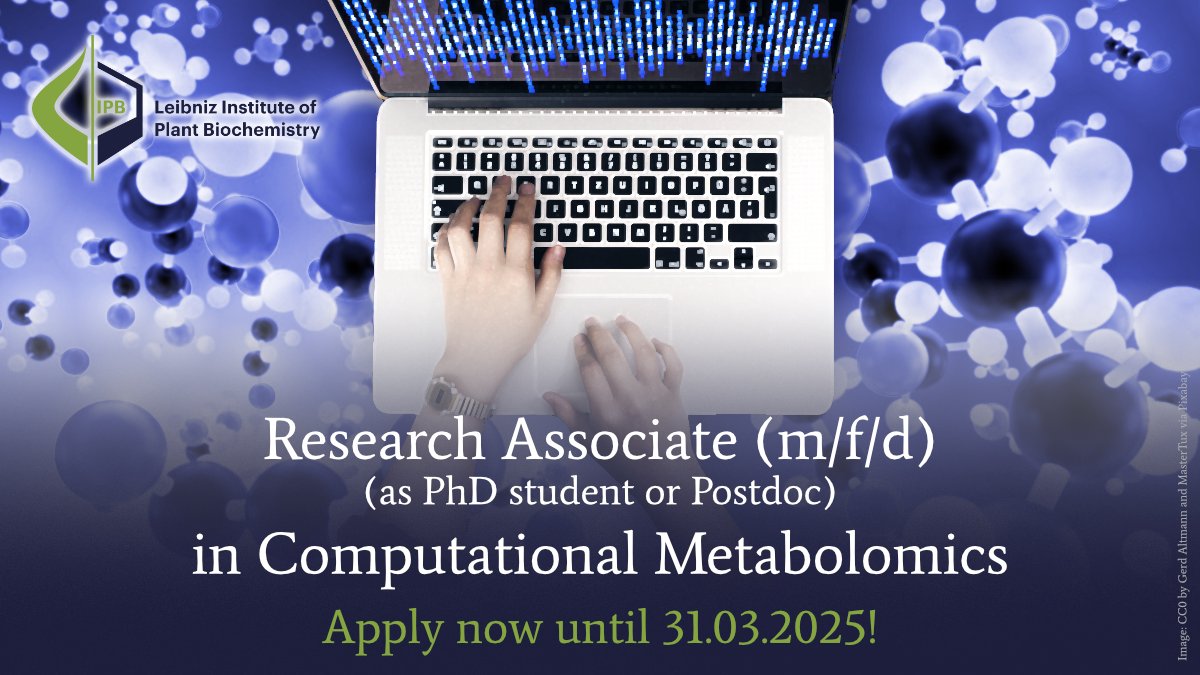 Leibniz Institute of Plant Biochemistry Halle (@ipb_halle) on Twitter photo 📢We offer a position as #ResearchAssociate (as #PhD candidate or #Postdoc) in #ComputationalMetabolomics with <a href="/sneumannoffice/">Steffen Neumann is also @sneumann@mastodon.social</a>.
🔗More information: ipb-halle.de/en/career/job-…
🗓️Apply now until March 31, 2025!
#Metabolomics #Bioinformatics #scijobs 📢We offer a position as #ResearchAssociate (as #PhD candidate or #Postdoc) in #ComputationalMetabolomics with <a href="/sneumannoffice/">Steffen Neumann is also @sneumann@mastodon.social</a>.
🔗More information: ipb-halle.de/en/career/job-…
🗓️Apply now until March 31, 2025!
#Metabolomics #Bioinformatics #scijobs