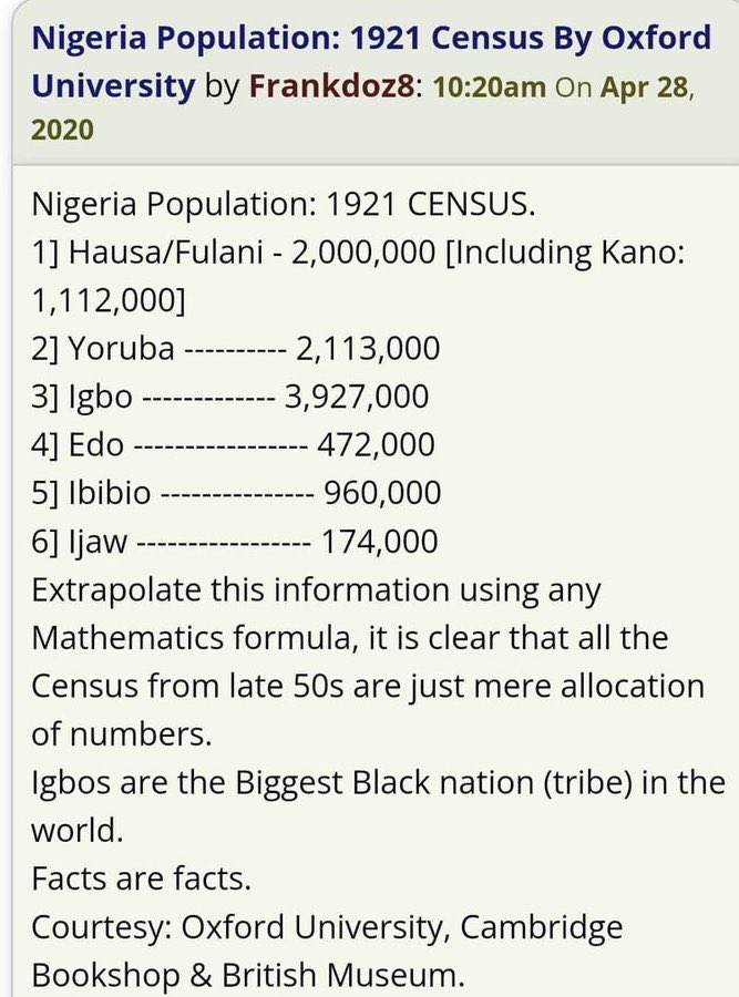 AguAgu170292's tweet photo. @ctpnetwo @SaharaReporters Traces of the Igbo culture and language could be found in Rivers, Benue, Edo, South-South, Akwa-Ibom, Cross River, Bayelsa and Kogi states. Biafra can not go without them. Census of 1921 shows that the Igbos has the highest population. FG divided the Igbos for selfish gains https://t.co/tnOKOKVHLG