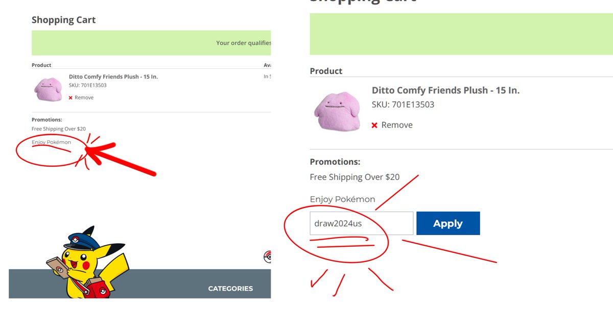 DudeWith6Cats's tweet photo. Yall, the free 3 Pokémon Day Illustration Promo Card pack is live on Pokemon Center! Thought I would share how to get it. 

While in cart on Pokemon Center, click on the words "Enjoy Pokemon". Enter "draw2024us" and the promo will populate in cart! https://t.co/gjDQO7zScB