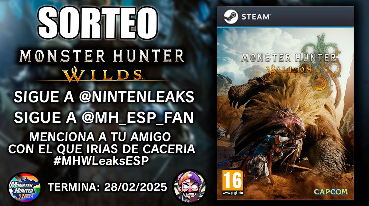 🚨¡SORTEO de MONSTER HUNTER WILDS para STEAM POR LOS 4000 SEGUIDORES🚨

🔁RT
▪️Sigue a <a href="/MH_ESP_Fan/">Monster Hunter Spain 🏳️‍🌈🏳️‍⚧️</a>
🔺Sigue a @Nintenleaks
🗣Menciona a tu amigo con el que irías de caza con #MHWLeaksESP

⛔️ Termina el 28 de febrero