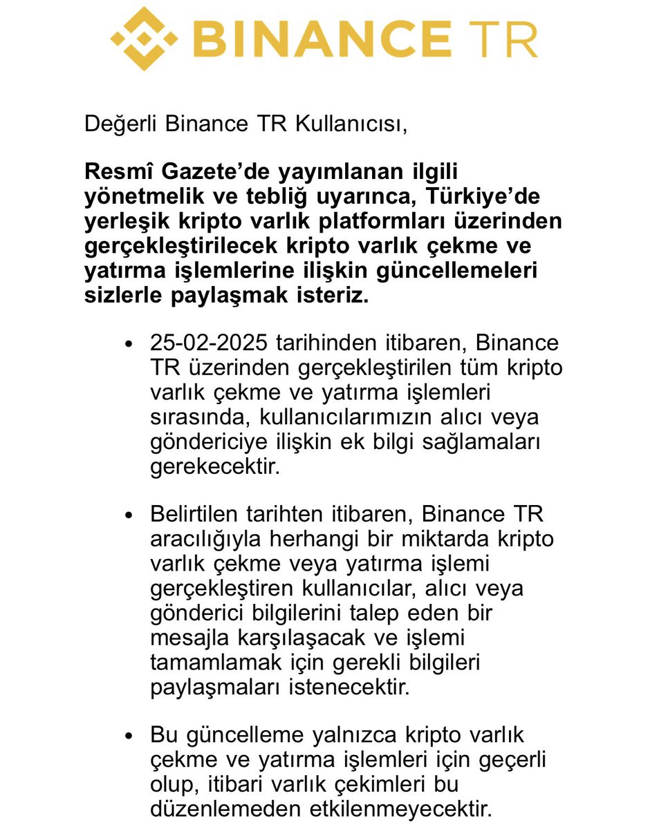 ortegas99's tweet photo. 25 Şubat’tan itibaren @BinanceTR’den kripto çekme-yatırma yaparken kullanıcılardan ek bilgi istenecekmiş.

TRY çekimlerini ilgilendirmediğini eklemişler. https://t.co/GNGxpPQVV1