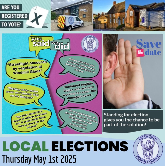 What are the biggest challenges facing Brixworth? 💬 

From biodiversity to local green spaces, our Parish Council is here to listen and act. 

Standing for election gives you the chance to be part of the solution!