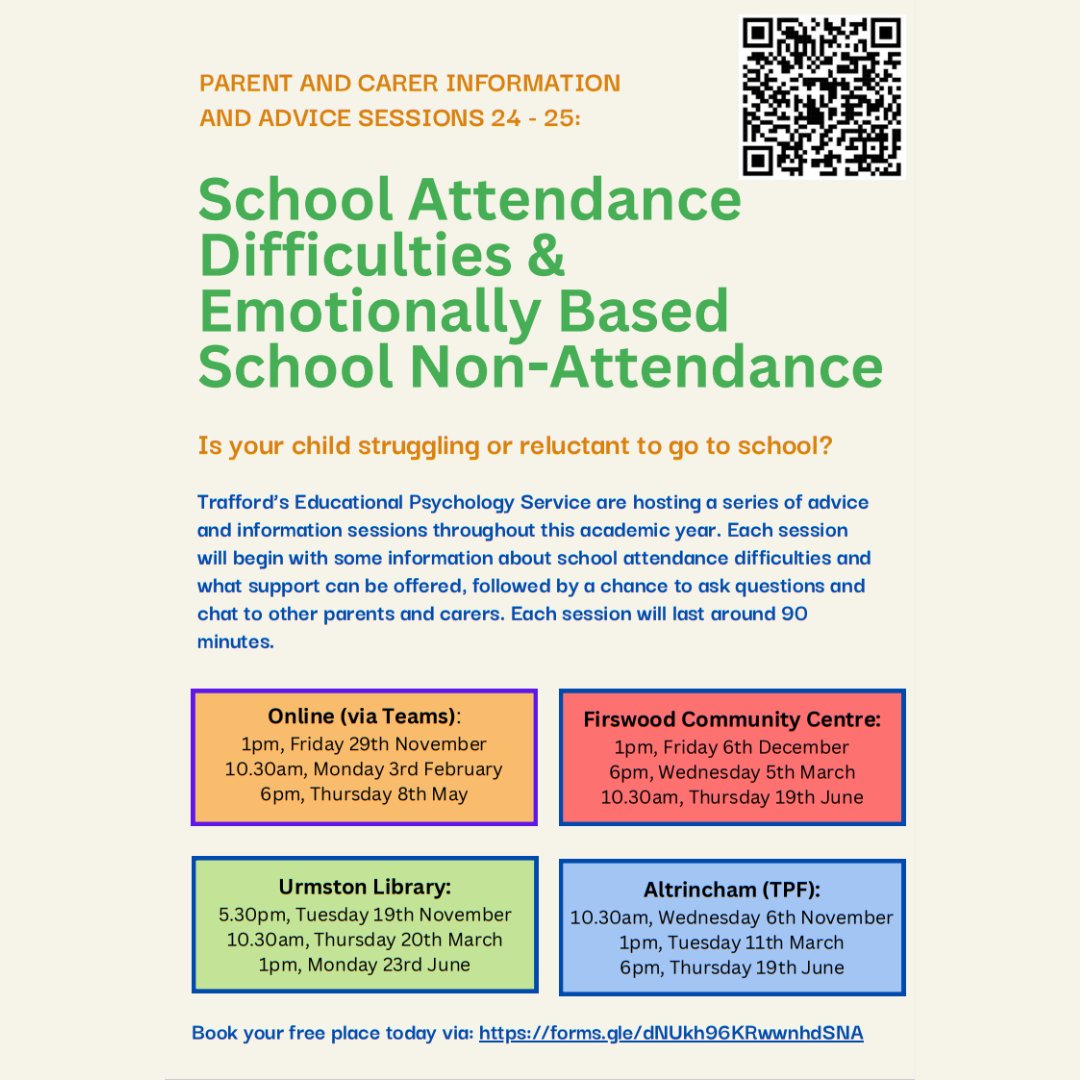 School Attendance Difficulties &amp; Emotionally Based School Non-Attendance

Trafford’s Educational Psychology Service are hosting a series of advice
and information sessions throughout this academic year.

Book your free place today via: docs.google.com/forms/d/e/1FAI…